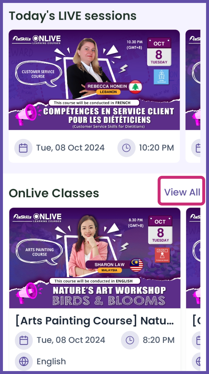 Registration for an OnLive courses - ReSkills