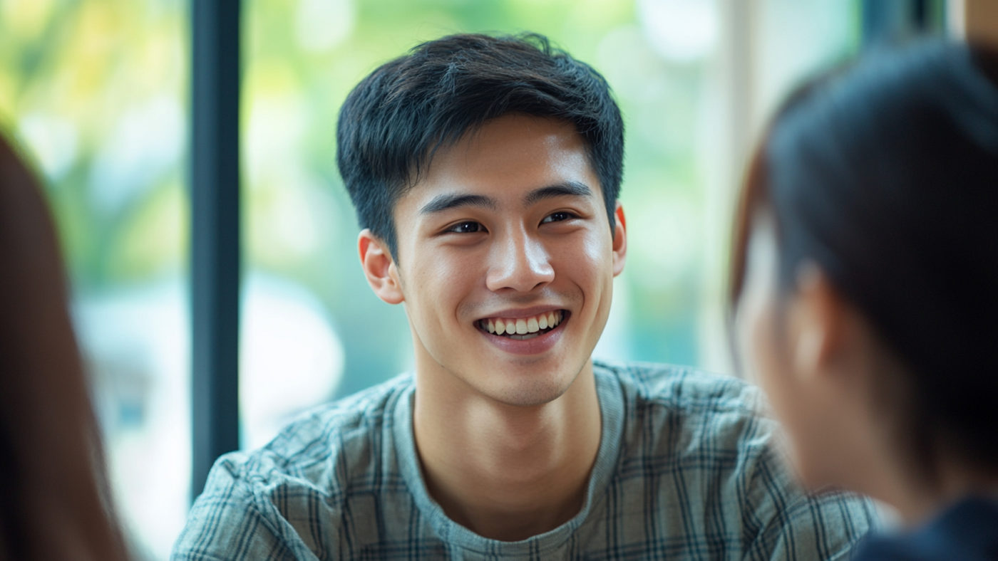 
Young-Man-speaking-with-friend-near-window-in-a-cafe